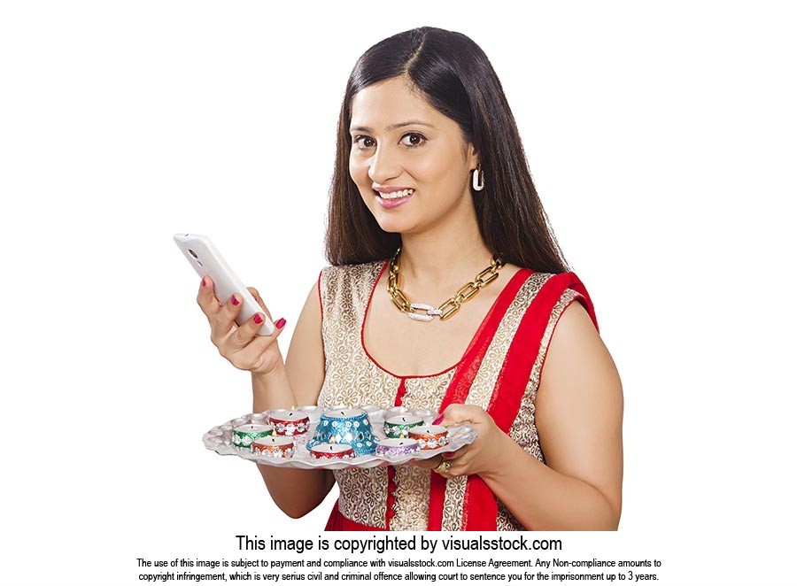 Woman Diwali Festival Messaging Phone