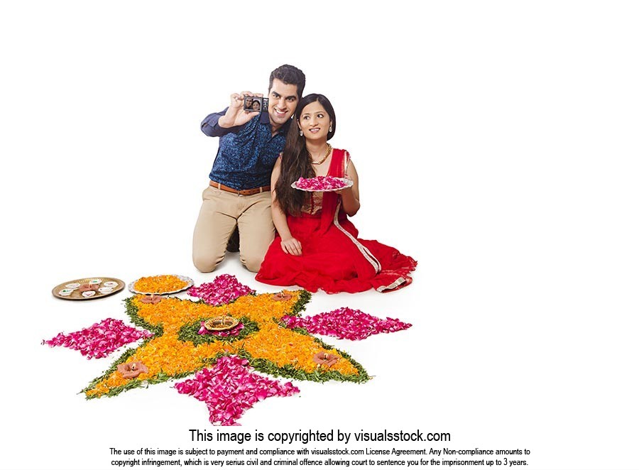 Couple Taking Selfie Together Diwali Rangoli