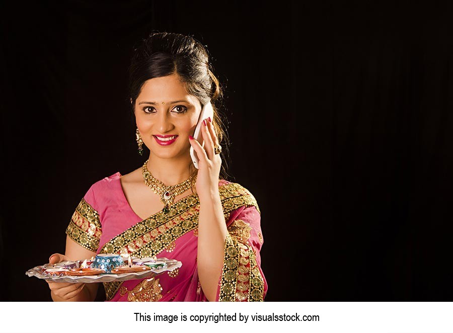 Indian Woman Diwali Diyas Talking Phone