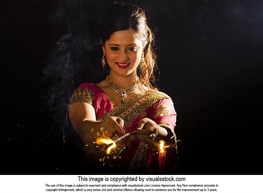 Woman Burning Fire Crackers Diwali Festival