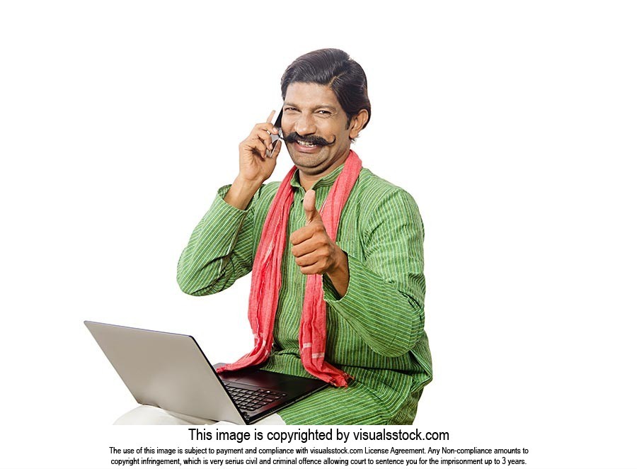 Rural Man Laptop Talking Phone