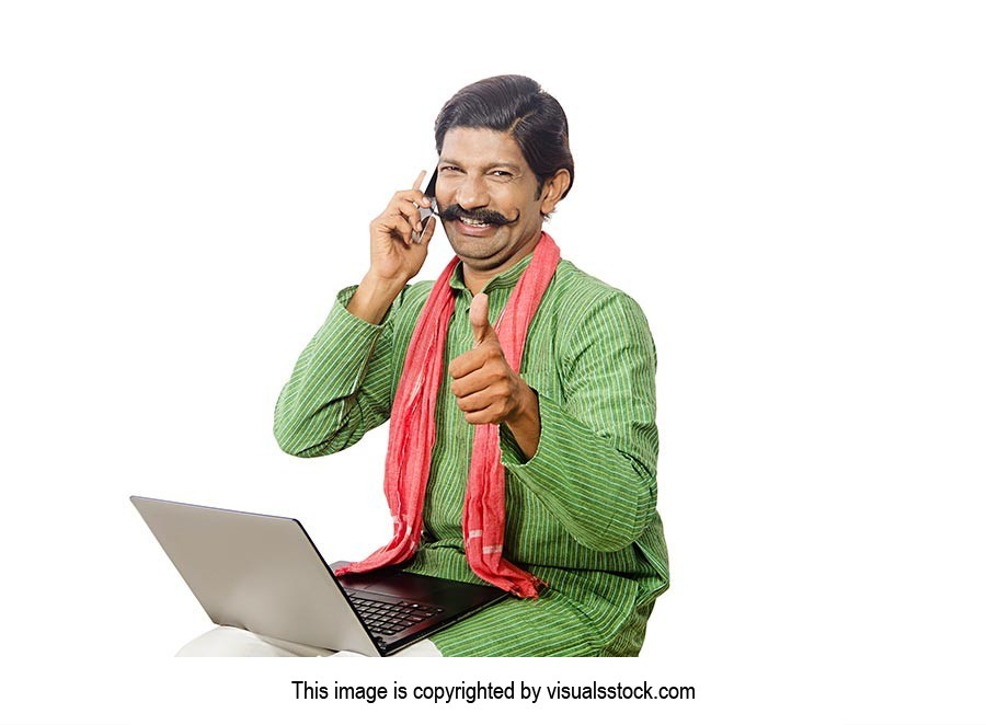 Rural Man Laptop Talking Phone