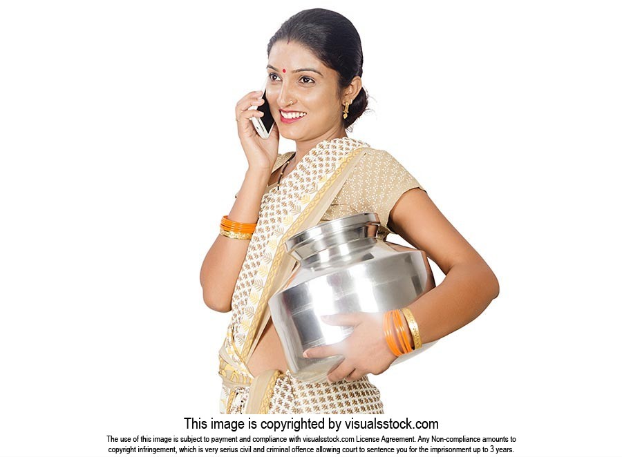 Rural Woman Holding Water Pot Talking Phone