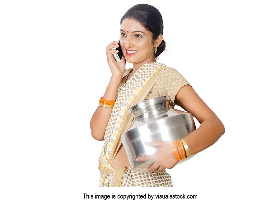 Rural Woman Holding Water Pot Talking Phone