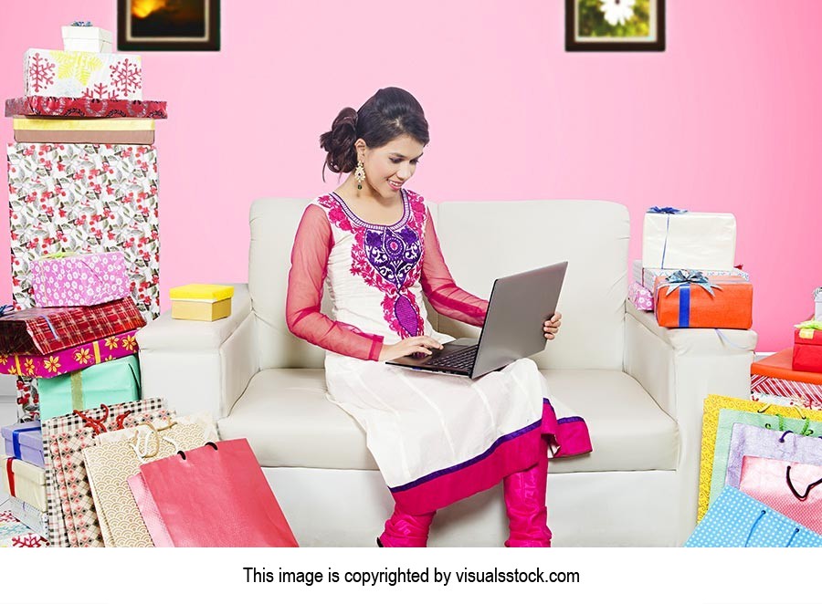 Indian Young Girl Online Shopping Laptop