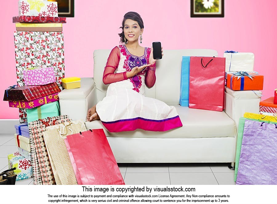Young Woman Deepawali Shopping Phone Showing