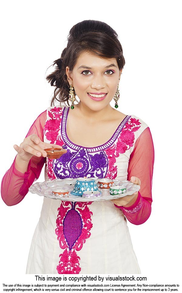Indian Young Girl Holding Plate Diya