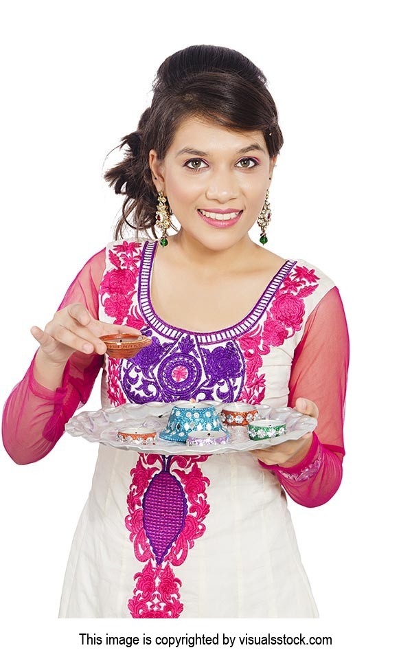 Indian Young Girl Holding Plate Diya