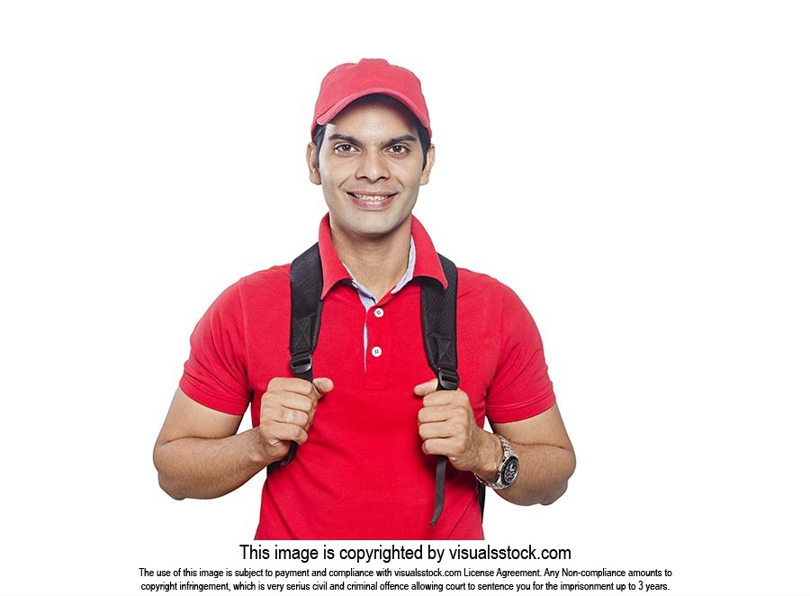 Indain Delivery Man Courier Holding Backpack