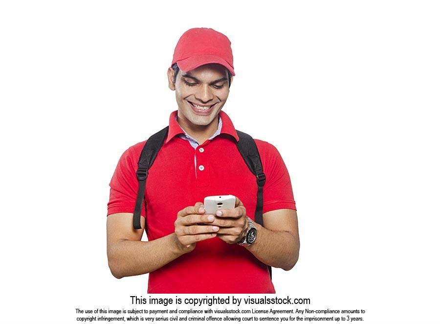 Indian Delivery Man Reading Message Cellphone