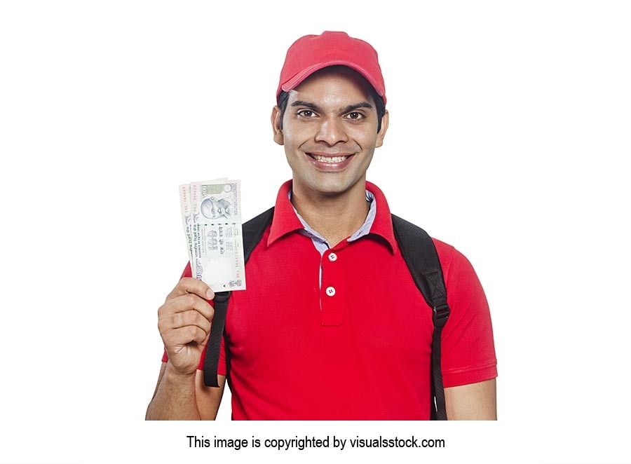 Delivery Man Showing Indian Rupee Notes