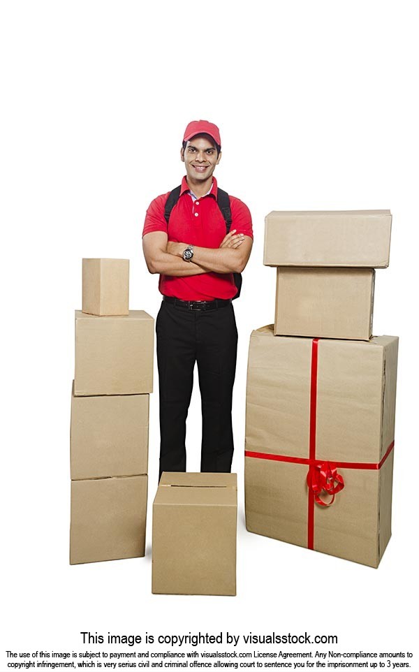 Composite Delivery Man Standing Cardboard Boxes