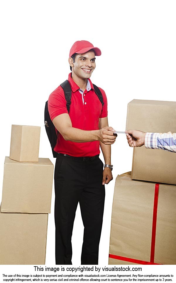 Delivery Man Parcel Boxes Receiving Credit Card