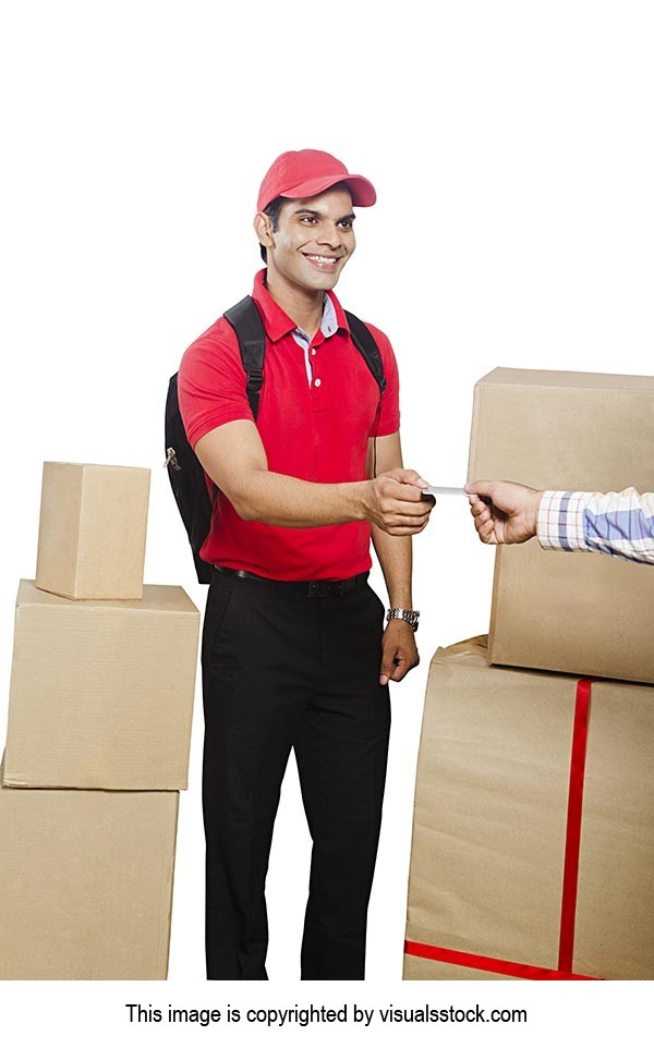 Delivery Man Parcel Boxes Receiving Credit Card