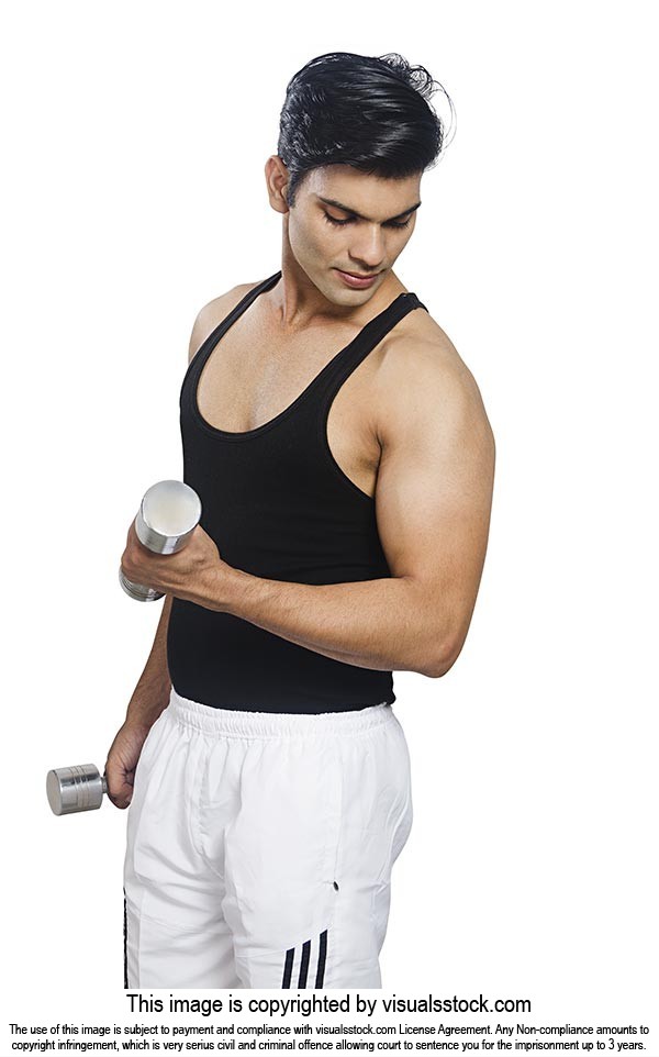 Conscious Men Muscles Exercise Lifting Dumbbells
