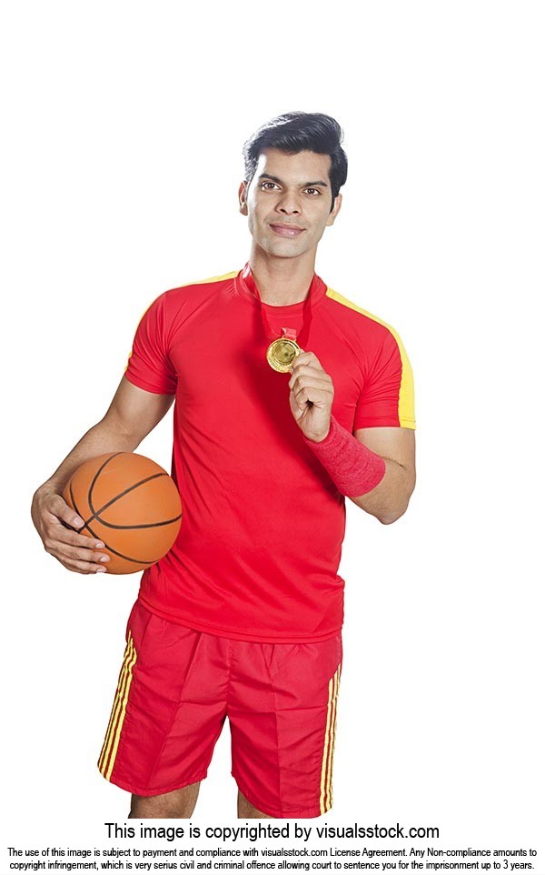Basketball Player Holding Ball Showing Medal Victo