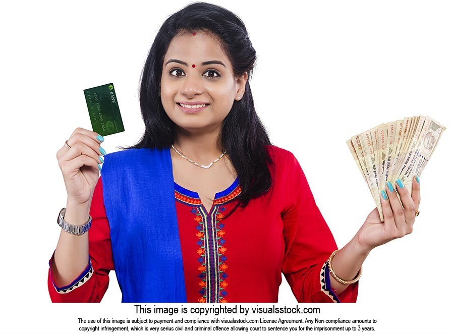 Woman Money Showing Debit Card