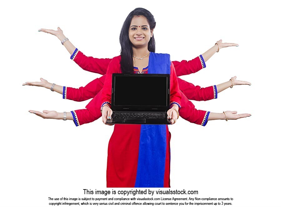 Women Laptop Showing Hands Multi Tasking