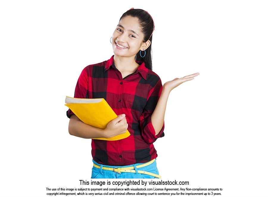 Indian College Girl student holding Book with open-hand palm Gesturing