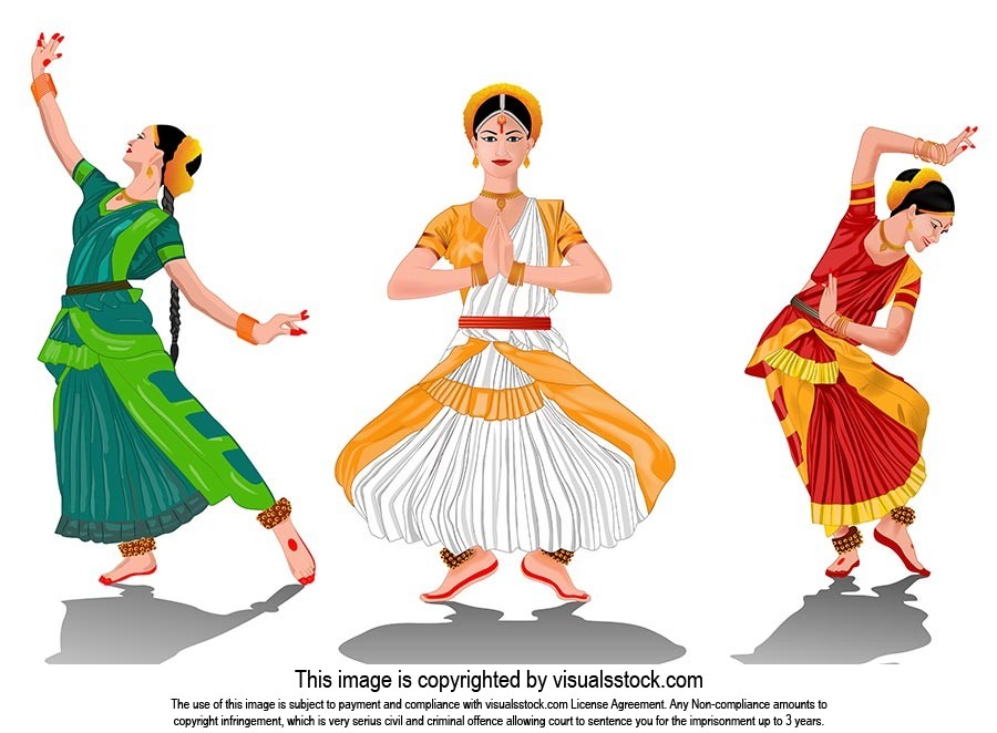 illustration of Indian Three women classical dancer performing bharatnatyam