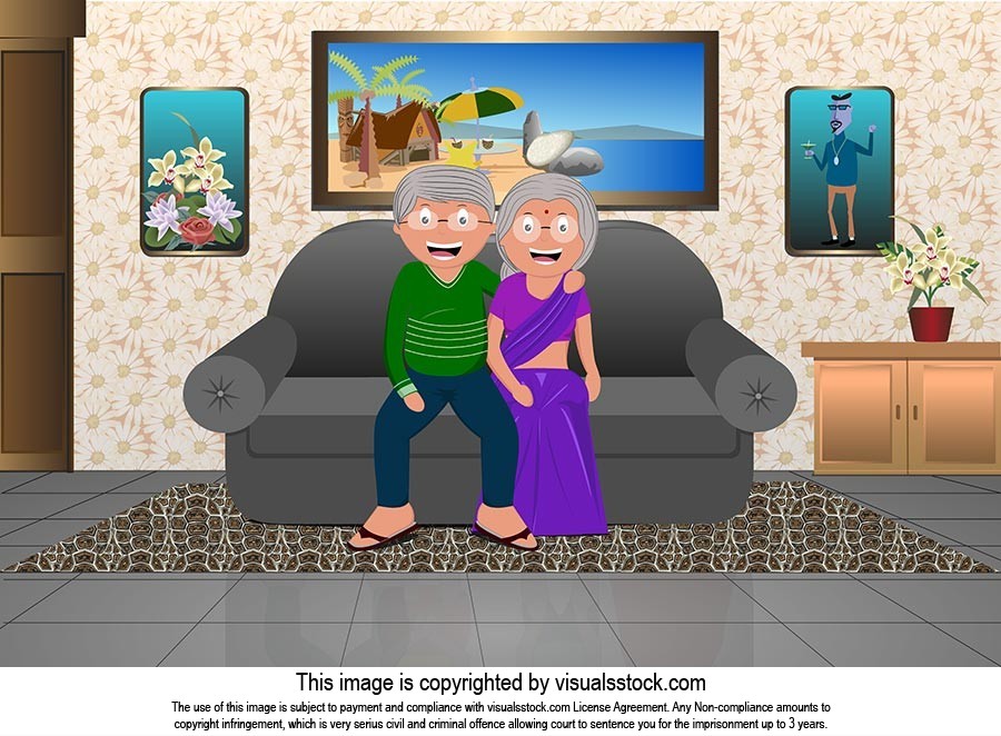 Cartoon illustration-of happy old-couple man and woman sitting-on-sofa  at-home