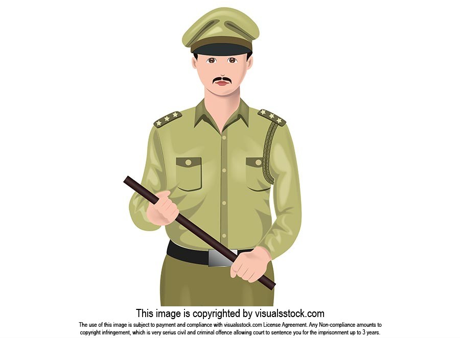 Flat vector cartoon Policeman in-uniform holding stick standing on-white  background