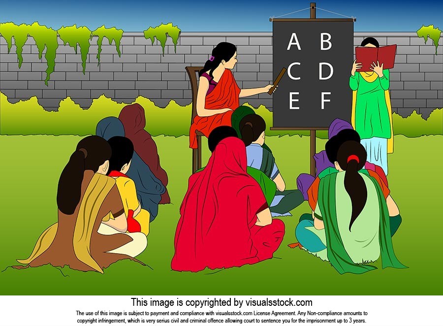 Illustration Vector cartoon school teacher teaching to-her students  in-rural school