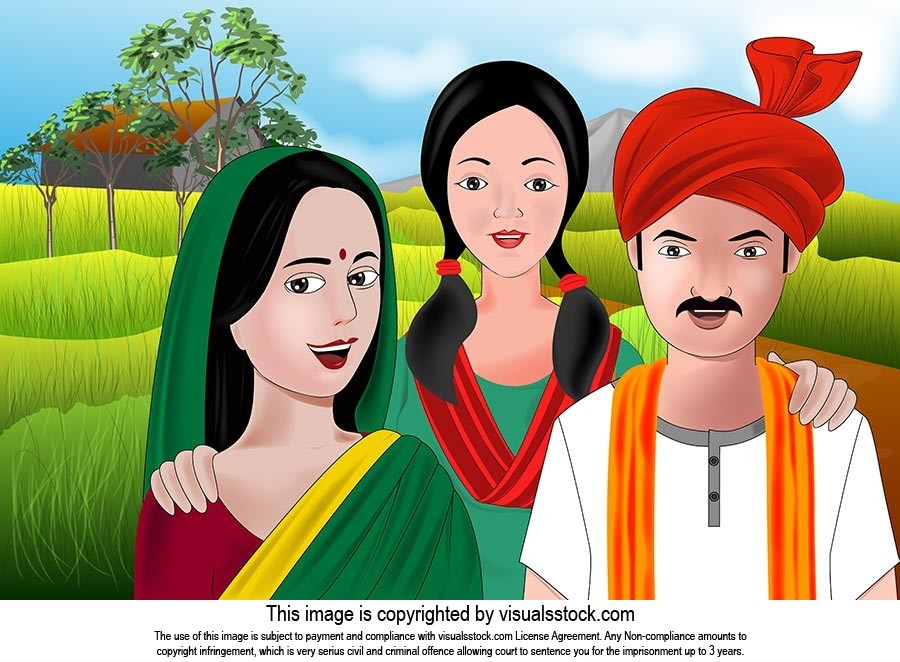 Vector cartoon illustration farmer-family father mother and daughter  standing in-field