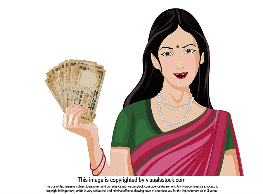 Vector cartoon Illustration woman in-traditional saree showing indian money