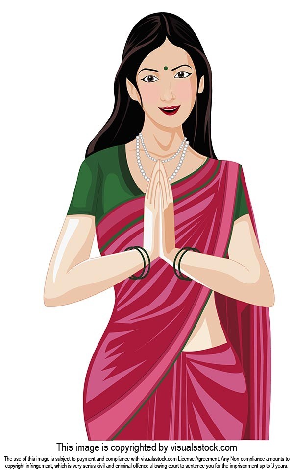Vector cartoon Illustration Traditional Indian woman greeting Namaste with  folded-hands