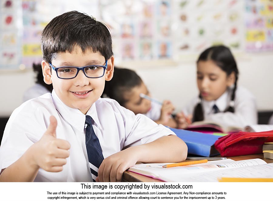 Indian Kids Boy School Student Studying Classroom Thumbsup