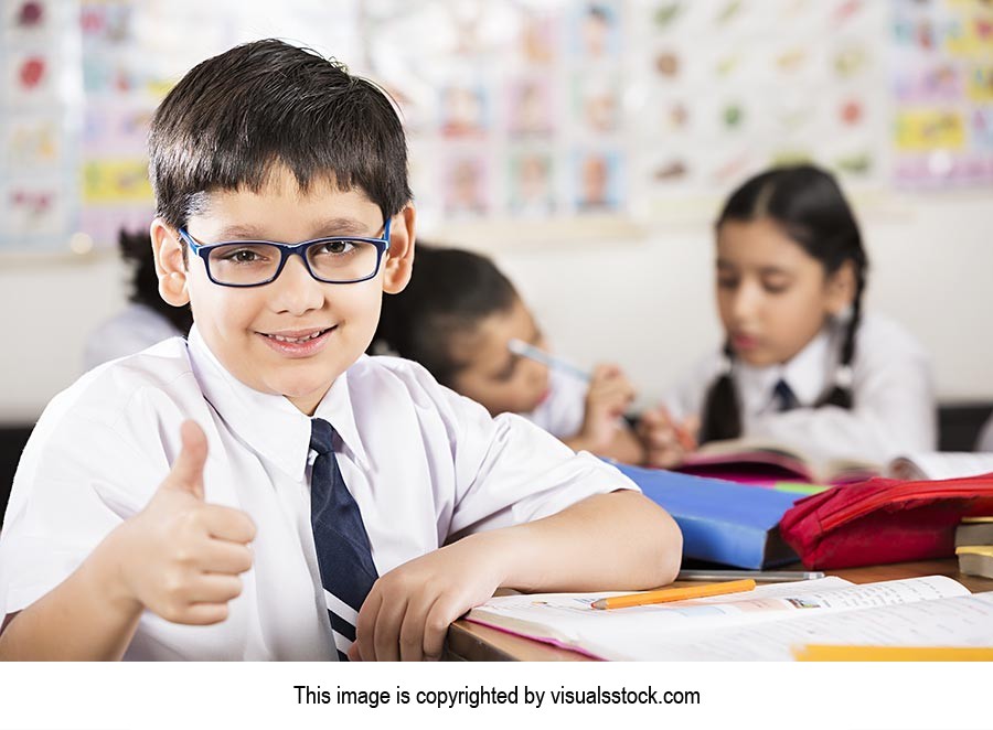 Indian Kids Boy School Student Studying Classroom Thumbsup