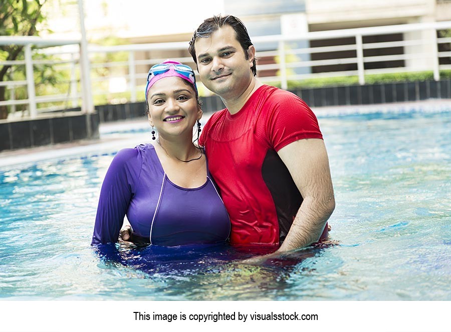 Indian Couple Honeymoon Bathing Swimming Pool Hotel Summer Day Vacation