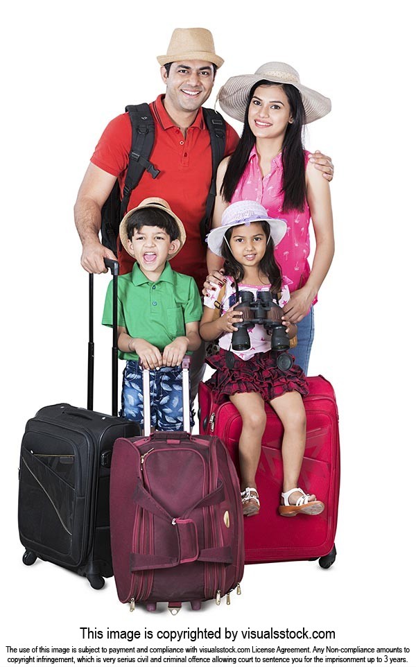 Indian Family Parents And Kids With Luggage Ready Vacations holiday