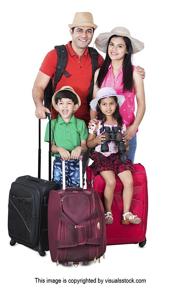 Indian Family Parents And Kids With Luggage Ready Vacations holiday