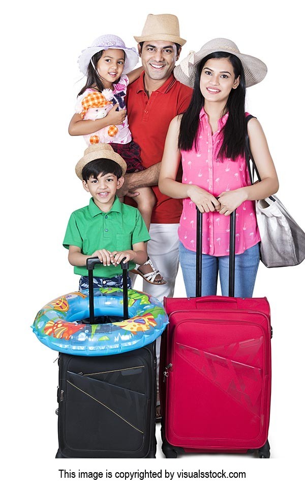 Indian Family Parents And Children Passenger With Luggage Ready holiday