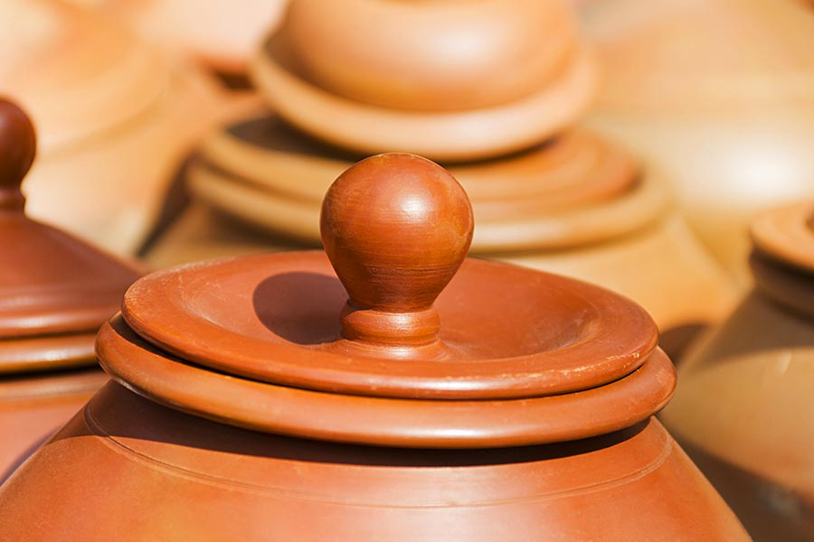 Close-up Fair Stall Selling handmade clay pot kitchen utensils Nobody