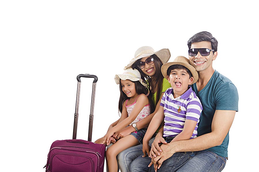 Happy family with luggage are ready-to travel Isolated-on white background