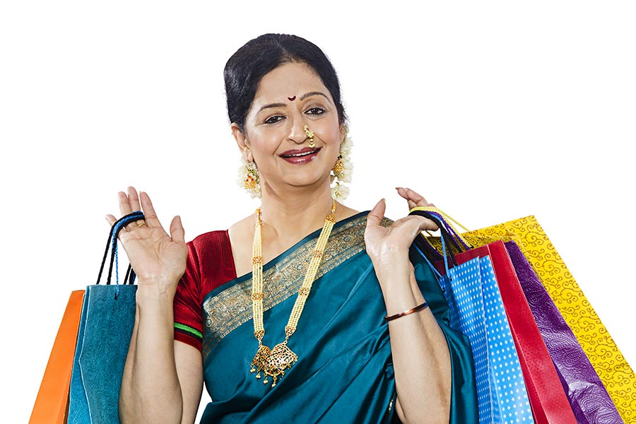 Happy Traditional Indian Marathi Female Carrying Shopping Bags Diwali