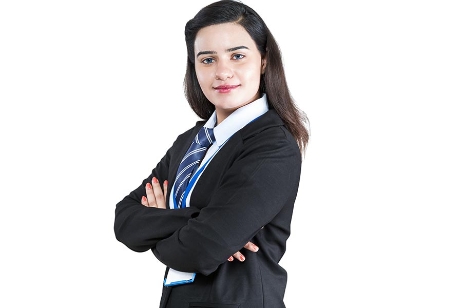 Indian Sales woman Wearing Identitycard With ArmsCrossed Standing