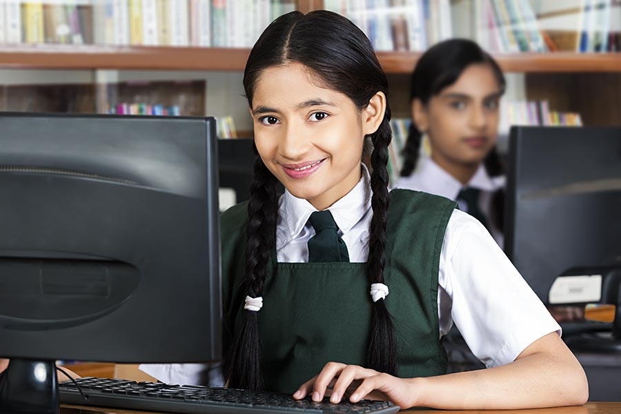 Indian College Student Girl Computer Study Thumbs Up Success Education