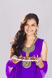 Woman Holding Plate Lamps Diwali