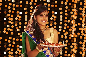 Woman Holding Plate Diyas Diwali