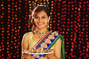 Lady Holding Plate Diyas Diwali