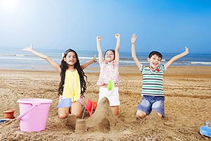 3-5 People ; Arms Raised ; Beach ; Boys ; Brother 