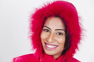 Indian woman hood fur winter Jacket Smiling