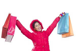 Happy Woman Winter Clothe Shopping Bags Cheerful