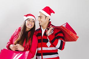 Couple Christmas Winter Clothes Shopping Bags Smil
