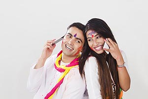 Happy Couple Holi Celebrating Talking Phone Romanc