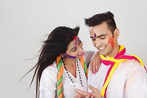 Couple Holi Celebrating Fun Text Messaging Phone